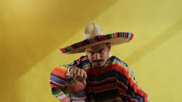 Adult male wearing large woven straw sombrero with multicolored trim and thick horizontally striped poncho leans forward and extends both fists toward camera while maintaining intense direct gaze