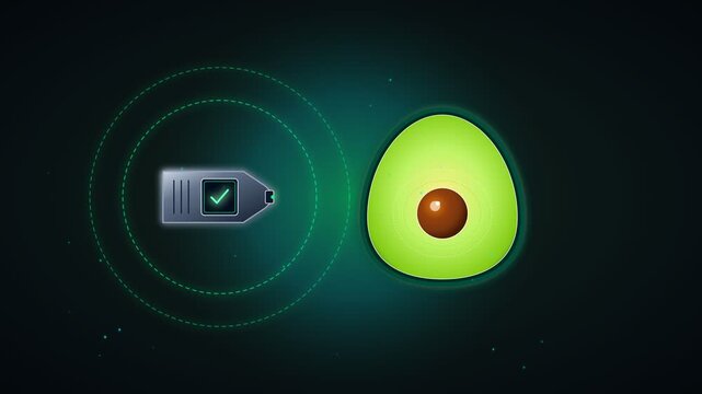 Digital illustration of an avocado with a data tag icon and scanning rings against a dark background