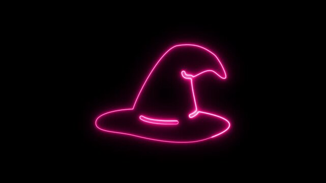Neon pink glowing witch hat icon on a black background