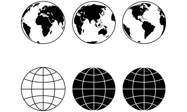 Set of black and white globe icons featuring world maps and grid lines for global design projects.
