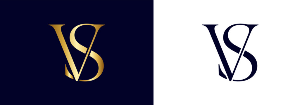 Versatile vs monogram logo in gold and deep blue for branding applications.