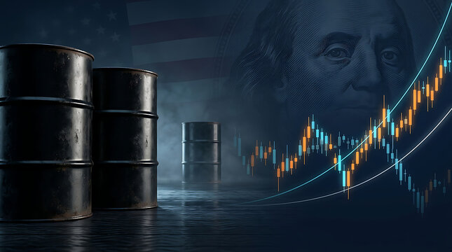 Industrial oil barrels set against dark background with financial market charts and currency pattern