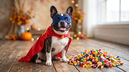Naklejka premium A dog dressed as a superhero with a red cape and blue mask sits next to a pile of colorful Halloween candies on a wooden floor indoors.