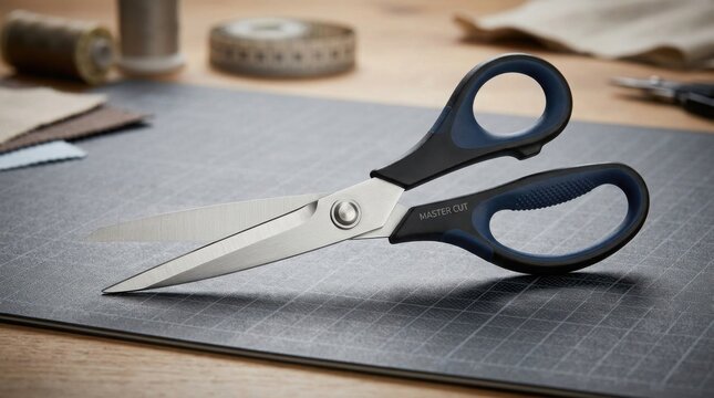 Tailor scissors resting open on a cutting mat with craft supplies including measuring tape and spools of thread scattered across a wooden workbench surface.