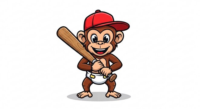 Cute cartoon monkey character holding a baseball bat and wearing a red cap with a playful expression perfect for sports and children's entertainment projects
