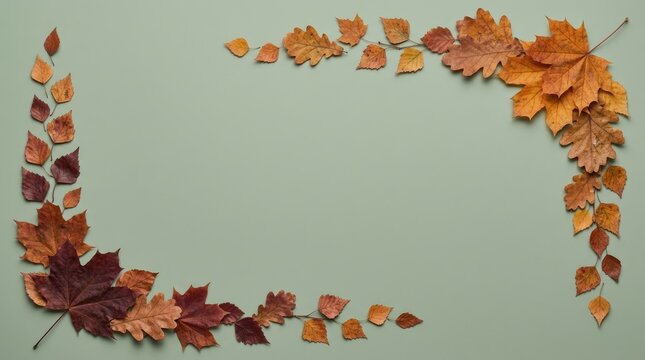 A flat lay arrangement of various colorful autumn leaves forming a rectangular border frame on a solid light green background, surface view