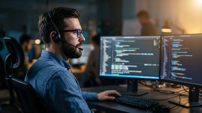 Software developer wearing headset working late at night in modern office typing code on multiple computer monitors displaying programming languages