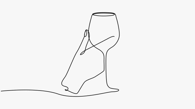 Continuous One Line Drawing Animation Of Human Hand Holding Wine Glass White Background