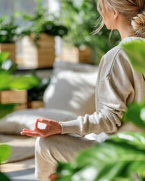 Serene woman meditating in a bright, sunlit room surrounded by lush green plants, practicing mindfulness and relaxation.