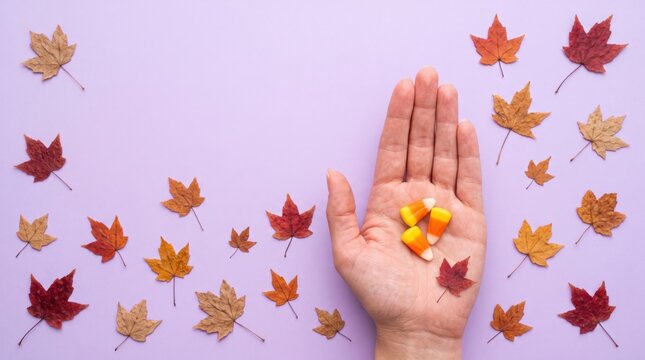 A hand holding candy corn surrounded by scattered autumn leaves on a lavender background.