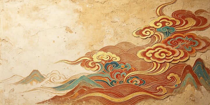 Dunhuang Mural Red Teal Gold Clouds Mountains Weathered Beige