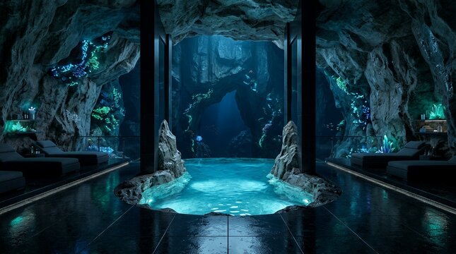 Blue glowing cave spa pool.