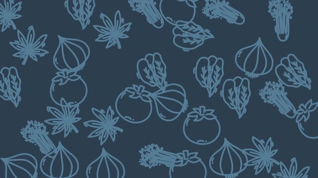 Blue line illustrations of vegetables, herbs on culinary pattern background. Perfect for foodrelated designs, kitchen decor, and culinary businesses.