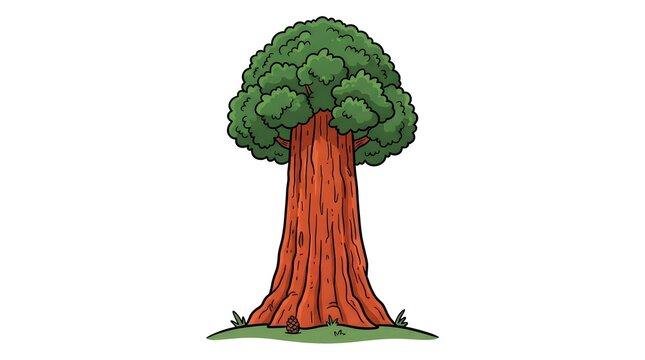 Vector drawing of a towering giant sequoia tree with a massive reddish-brown trunk, green pine needles, and a pinecone at the base, isolated on white.