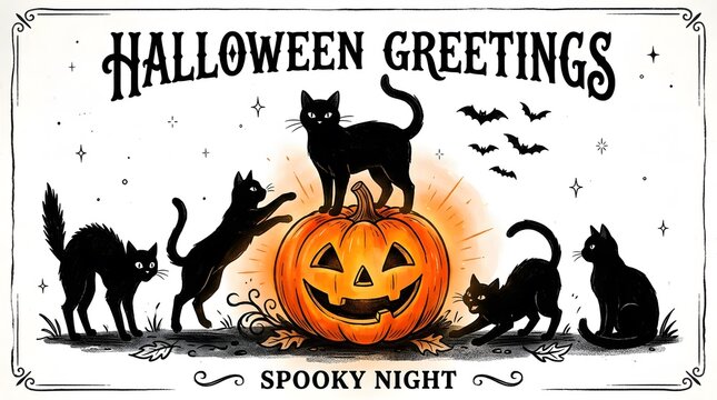Vintage halloween greeting card with black cats and a glowing jackolantern illustration