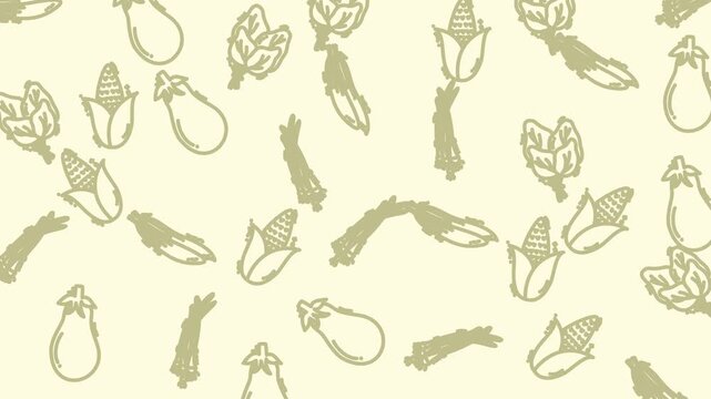 Green vegetable pattern including corn cobs, eggplants, artichokes, and asparagus illustrations on a light background. Perfect for food packaging design.