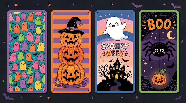 Four halloween themed smartphone screens displaying colorful spooky designs and imagery