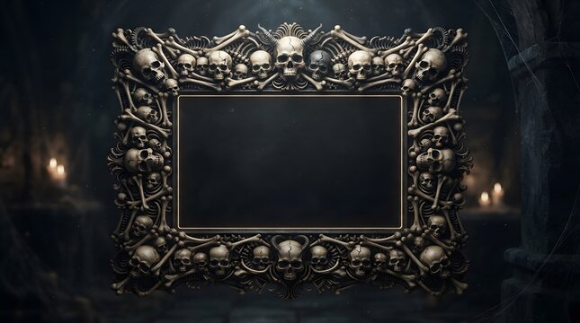 Ornate gothic frame with skull and floral details against a dark background
