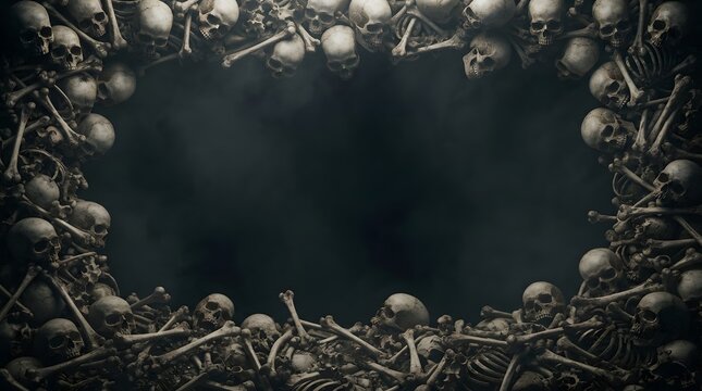 Dark and eerie frame of skulls with a central blank space for text or design