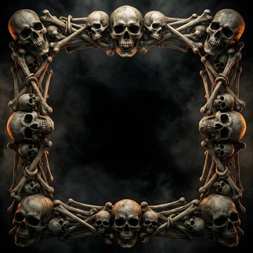 Spooky frame made of skulls and bones with dark background for halloween designs