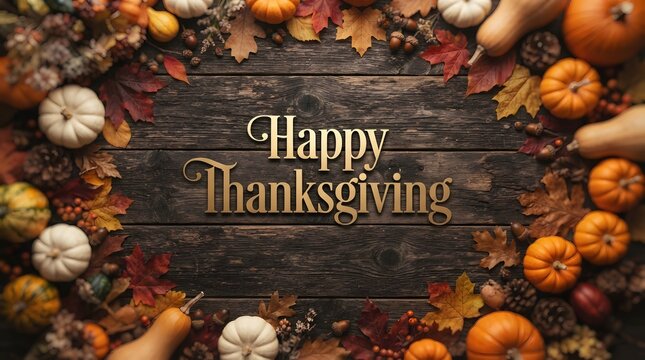 Festive thanksgiving day background with pumpkins gourds and a rustic wooden texture