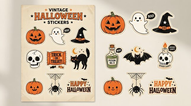 Vintage halloween ephemera and illustrations collage with pumpkins bats and spooky designs