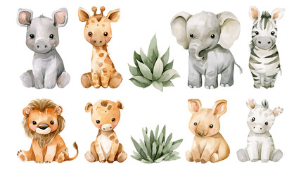 Fototapeta premium Safari nursery animal collection, detailed watercolor clipart with soft shadows and clean edges, isolated PNG on transparent background