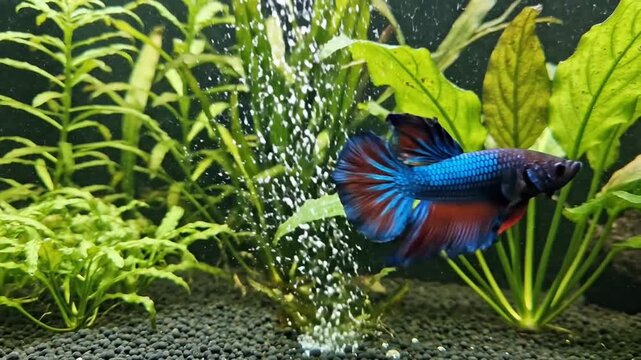 A vibrant blue and red betta fish swims elegantly amidst lush green aquatic plants in a freshwater aquarium, showcasing its flowing fins and underwater life.
