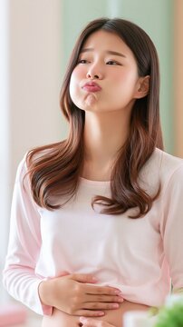 Young Asian woman holding stomach with bloated feeling, puffing cheeks in discomfort