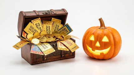 Obraz premium A Halloween-themed image featuring a glowing jack-o'-lantern beside an open treasure chest filled with gold coins and vintage lottery tickets.