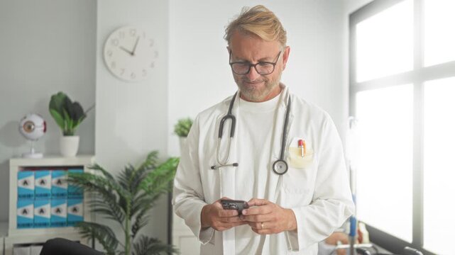 Man doctor holding smartphone with both hands and wearing stethoscope in clinic building, smiling gently at camera; reassurance caring.