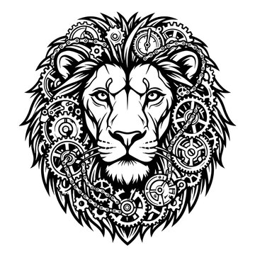 Steampunk lion head illustration with intricate mechanical gears and chains design