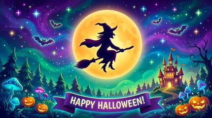 Fototapeta premium Colorful Halloween Witch and Moon – Festive Night Concept