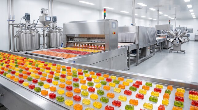 Colorful gummy candies moving on a production line in a modern food factory