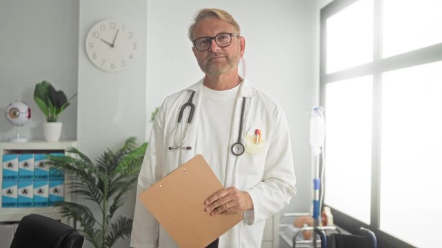Man doctor in white coat holds clipboard with hand, wears stethoscope, standing near medical equipment and iv pole in clinic building; calm reassurance.