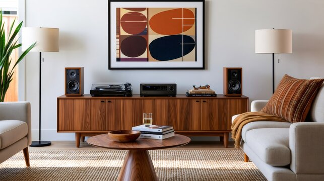 Living room with mid century modern furniture and home audio system