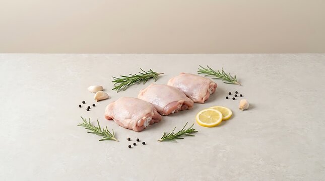 Raw chicken thighs with fresh rosemary sprigs lemon slices and peppercorns on a light surface. boneless chicken thigh