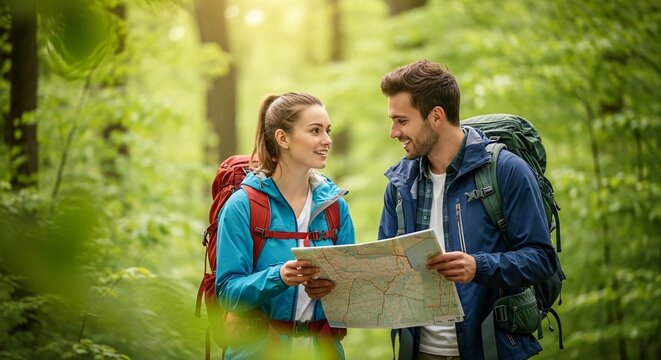 Young Couple Hiking in Forest with Backpacks Exploring Nature and Reading Map During Adventure Outdoor Travel Vacation Scenic Landscape Green Environment Enthusiasts