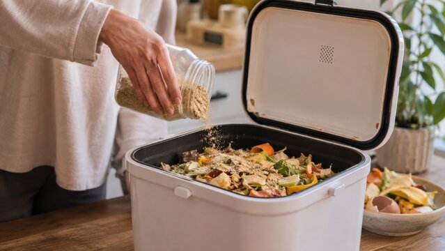 Person pouring composting material into a white compost bin filled with vegetable scraps and organic waste on a wooden kitchen table with plants in the background