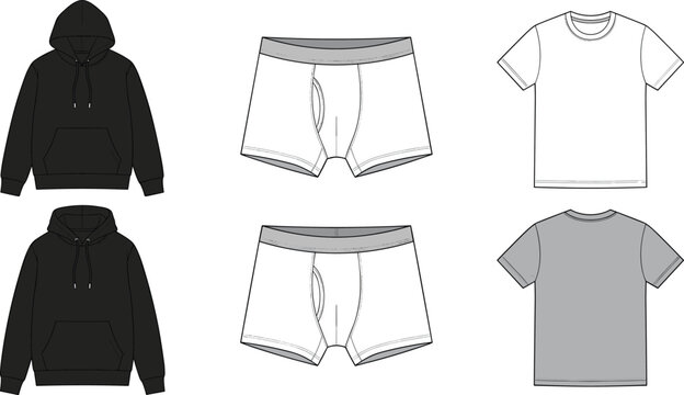 Black hoodie, boxer briefs, and t-shirts fashion flat sketch vector design template for apparel apparel manufacturing design.
