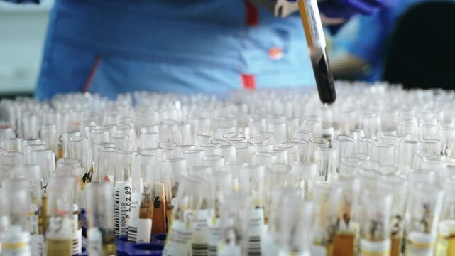 Blue gloved hand reaches into dense rows of clear sample tubes in laboratory racks, selecting one tube among many while upper torso remains softly blurred behind foreground, with laboratory, sample