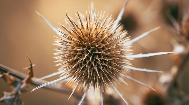 Dry thistle seed head showing sharp protective thorns