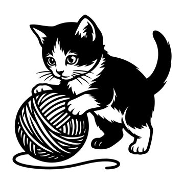 Cute little kitten playing with a ball of wool yarn illustration in black and white style