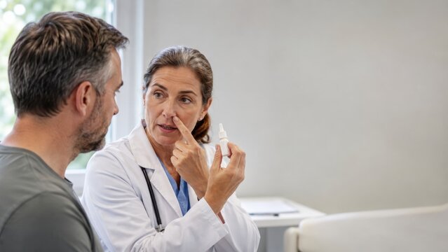 Female healthcare professional demonstrates nasal spray application technique to male patient during consultation in a modern medical office setting