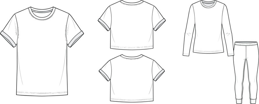 White t-shirts, crop top, long sleeve shirt, and leggings fashion flat sketch vector design template for clothing line brand development.