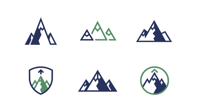 Collection of six different mountain range logos in navy blue and forest green styles featuring shields and circles for camping.