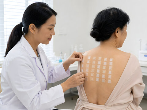 Dermatology clinician reviewing skin patch allergy test on upper back of older Asian woman