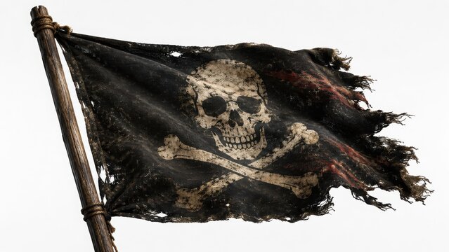 A tattered black pirate flag with a white skull and crossbones symbol waving on a wooden pole mast d