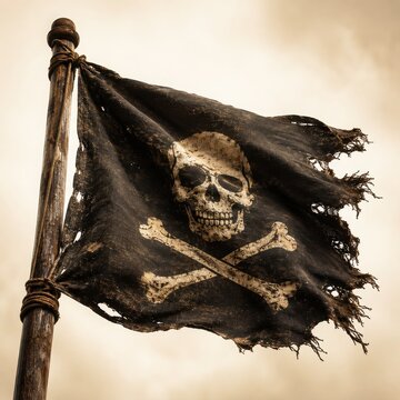 Weathered black pirate flag with a white skull and crossbones emblem attached to a wooden pole mast