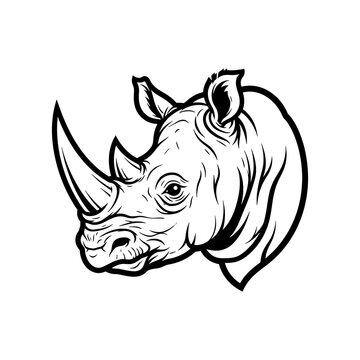 Black and white line art illustration of a rhinoceros head profile